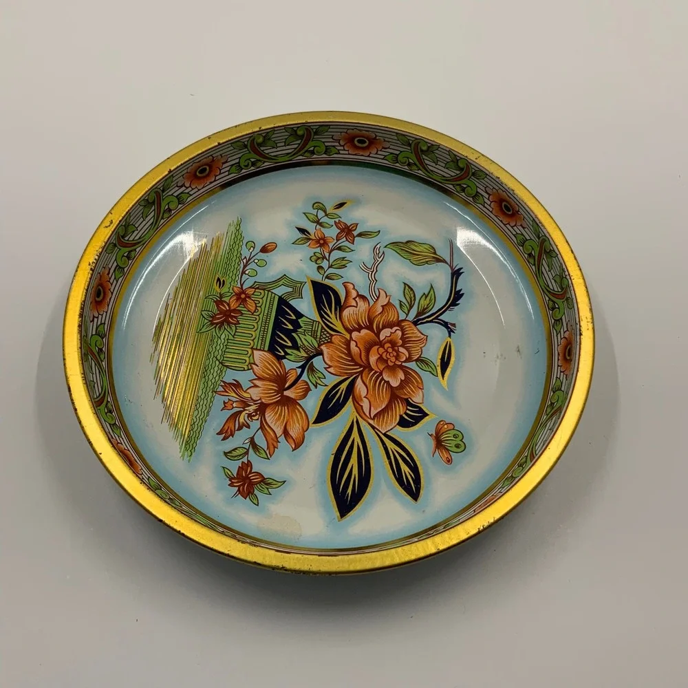 Vintage Daher Decorated Ware Tin Plate Floral Butterfly Gold Rim Made in England